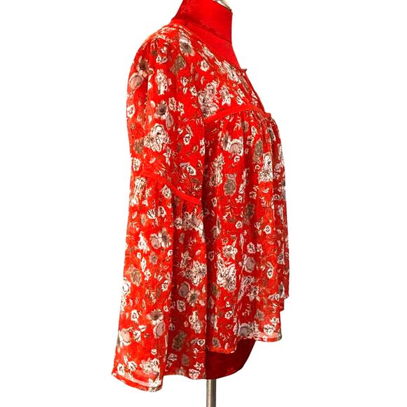 Lucky Brand peasant blouse size M Boho 3/4 sleeve casual orange tan floral sheer - Picture 4 of 8